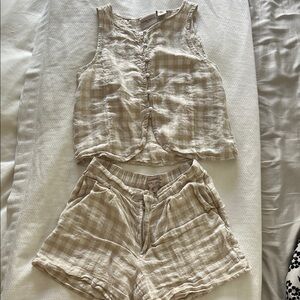 Laura Ashley Linen Gingham Button Tank & Short Set in Light Beige